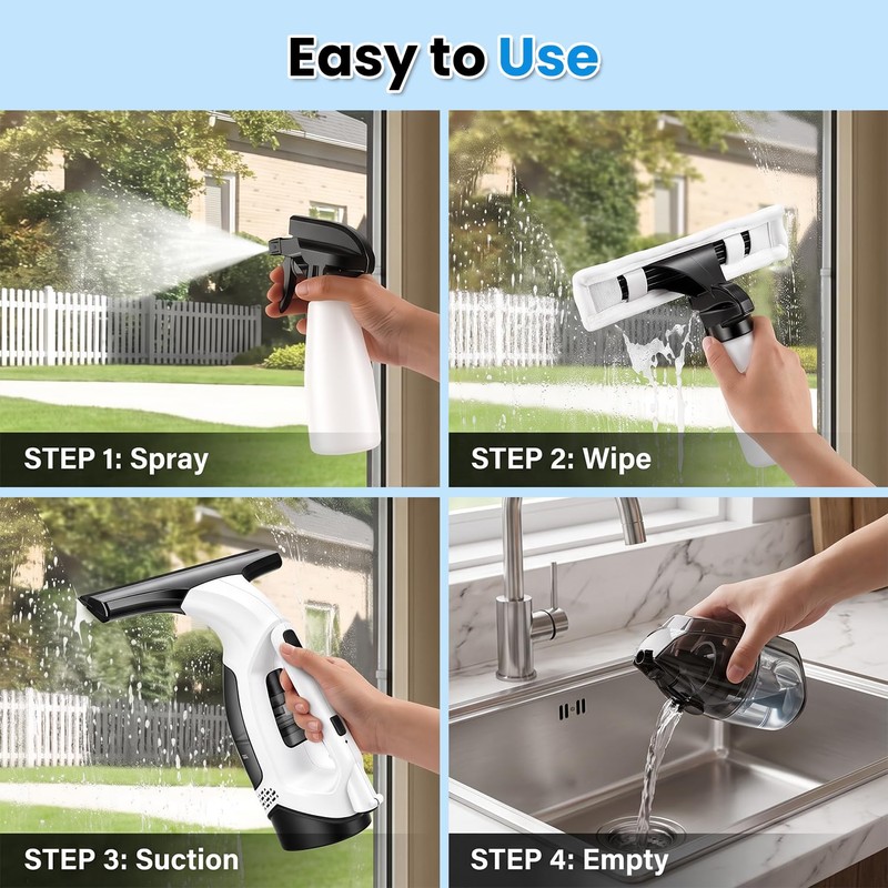 Window Vacuum Squeegee Cordless, 2000Pa Electric Window Cleaner Tool