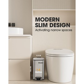 LOVEWIND Bathroom Trash Can with Lid, 1.6 Gallon/ 6 Liter Stainless Steel Garbage Can with Removable Inner Bucket, Step Pedal Wastebasket-Narrow Waste Bin for Bathroom, Toilet, Office, Bedroom, Silver