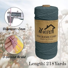 Uiopa Macrame Cord 2mm x 200m, 3-Strand Twisted Natural Cotton String, Macrame Cotton Rope Coloured String for Wall Hanging Plant Hanger Boho Home Decor Craft Projects