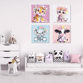 4 Packs Animals Diamond Art Kits for Kids, Cartoon DIY 5D Diamond Painting Mosaic Kits for Adults Beginner, Full Round Drill Gem Art Kits for Kids Gift, Peinture Enfant Home Wall Decor 6X6 inch