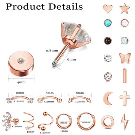 Kakonia Pack of 39 Helix Piercings Stainless Steel Piercing Ear for Women Men Cartilage Earrings Cross Moon Star Small Stud Earrings Hypoallergenic Flat Back Silver Earrings Stud Earrings, Stainless