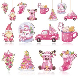 DECYOOL 24Pcs Wood Pink Christmas Ornaments Vintage Christmas Tree Hanging Ornament Pink Xmas Tree Truck Snow Globe Hot Cocoa Hanging Wooden Signs for Christmas Party Home Decor