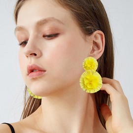 Vavhoo Raffia Flower Earrings Raffia Straw Wrapped Hot Pink Flower Drop Dangle Earrings Summer Tropical Beach Jewelry (Yellow)