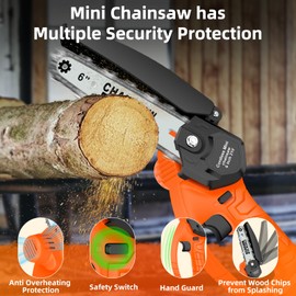 6-Inch Mini Cordless Chainsaw, Battery Powered Hand Held Electric Saw, High Speed Portable Saw for Tree Trimming, Branch Pruning, Wood & Soft Metal Cutting, Automatic Lubrication and Safety Protection