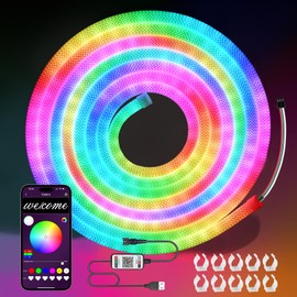 LED Rope Lights, 16.4ft Neon LED Lights Strip with 360 Degree Luminous, 5V USB Flexible IP67 Waterproof Music Sync Remote APP Control Gaming Lights Accessories for Christmas Bedroom Outdoor Décor