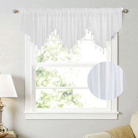 Beaded Sheer Windows Valance 51.1 in W x 23.6 in L, Scalloped Kitchen Curtain, Bathroom Swag Sheer with Rod Pocket, Short Valance Drape for Bedroom Living Room (White)