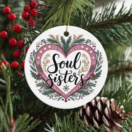 Soul Sisters Round Ceramic Ornament 3 inches Hand-Painted Heart with Intertwined Figures and Silver Ribbon Design