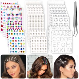 XANGNIER 2609 Pieces Hair Gems,Hair Jewels Diamonds and Letters Rhinestones with Tweezers,Hair Pearls Stick on,Self Adhesive Bling Rhinestone Stickers for Crafts,Face,Eye,Nail,Clothing,6 Shapes, 3-8mm