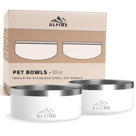 ALPINE Set of 2 Stainless Steel Dog Bowls, Non Slip, Metal Pet Bowl for Food and Water, Double Walled Insulated, Rustproof, Dishwasher Safe (32 oz, White)