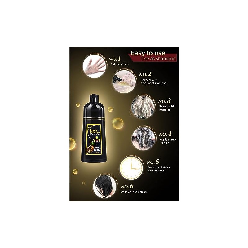 Black Instant Hair Color Shampoo for Gray Hair, 3 In