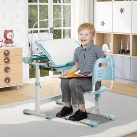 Decofy Kids Desk and Chair Set, Height Adjustable Functional Study Desk and Chair with 55° Tilt Desktop, 3 Brightness & Modes LED Lamps, Storage Drawer and Metal Hook for Girls Boys (Blue)