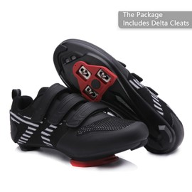 Unisex Road Bike Cycling Shoes Compatible with Peloton Shimano SPD Bike Riding Shoes for Men Women, 3 Straps, Pre-Installed Delta Cleats for Indoor Outdoor Cycling Biking Size 4.5 (Black-White)