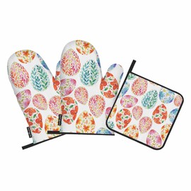 Samgula Easter Eggs Oven Mitts and Pot Holders Sets Flower Leaves Texture Colorful Heat Resistant 3pcs for Cooking Baking BBQ