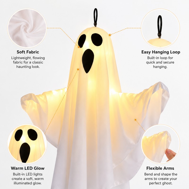 LED Hanging Ghost for Halloween Decor – Light-Up Fabric Horror
