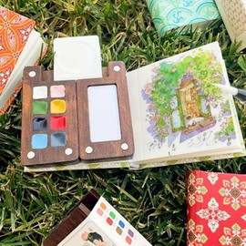 8 Grids Mini Portable Wate/rcolor Palette with a Clip,Wate/rcolor Paint Set,Wooden Colour Mini Paint Palette,Wooden Travel Paint Palette,Sketchbook Palette for Water Color,Tiny Wate/rcolor Palette