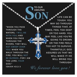 To My Son Necklace From Dad Silver Cross Necklace for Men Hip Hop Cross Pendant Blue Jewelry Inspirational Birthday Gifts for Son From Mom