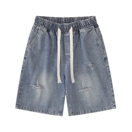 Sunidol Womens Star Ripped Jeans Shorts Wide Leg High Rise Drawstring Y2K Baggy Cargo Vintage Washed Denim Shorts Blue S