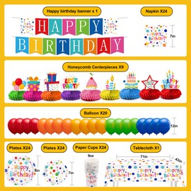 127Pcs Happy Birthday Party Supplies Decorations Set - Dot Design Disposable Tableware Kit with Plates, Napkins, Cups, Tablecloth, Banner, Balloons & Honeycomb Centerpieces for Boys Girls, Serves 24