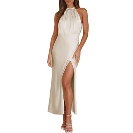 BEOVR 2024 Summer Halter Neck Backless Slit Midi Dresses Elegant Cowl Back Ruched Wedding Guest Maxi Dress for Women Champagne