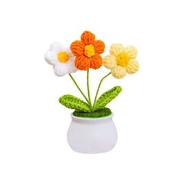 Eluckya Tricolor Handmade Crochet Sunflower Decor - Mini Potted Plant for Car Dashboard, Cute Knitted Flower Ornament, Versatile Home Accessory