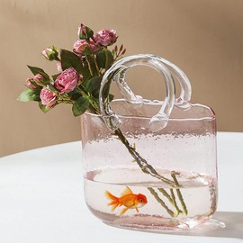 Purse vase for Flowers (Handmade) Blue Glass Bag vase -10 Inches- Clear vase for centerpieces & Fish Bowl - Handbag Unique Flower vase Decorative - Wide Mouth Bubble vase for décor Ornaments - Color: Light Pink