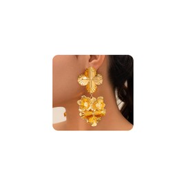 Gold Statement Flower Earrings for Women Heart Geometric Metal Pleated Floral Drop Dangle Earrings Exaggerated Shiny Petal Earring Jewelry Gifts (Gold)