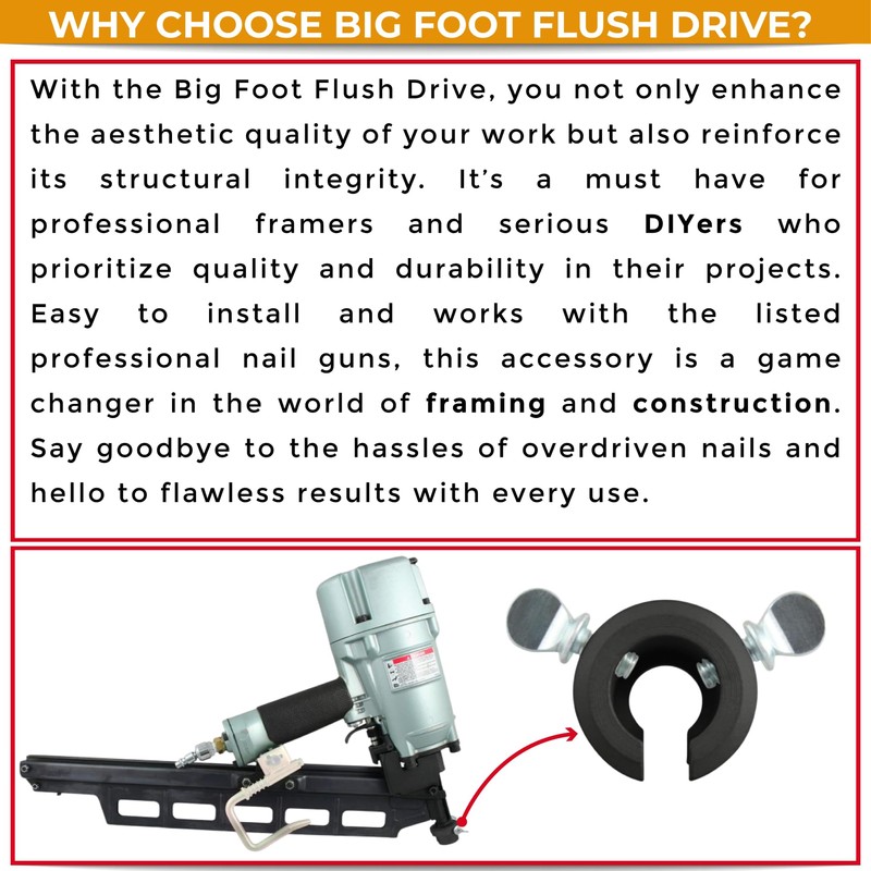Big Foot Flush Drive Nail Gun Accessory - Prevents Overdriving,