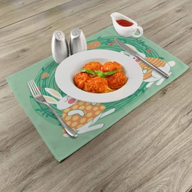 Lunarable Easter Place Mats Set of 4, Retro Bunnies and Colored Eggs in Floral Wreath April Vintage Graphic, Washable Fabric Placemats for Dining Room Kitchen Table Decor, Jade Green Orange