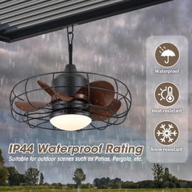 jazimar Outdoor Ceiling Fan with Lights: 20-Inch Waterproof Plug-In Caged Hanging Fan, App/Remote Control, 3CCT, 6-Speed Reversible DC Motor, for Porch Patios Canopy