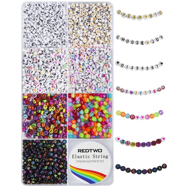 Redtwo 1600 Pcs Letter Beads Kit, 6 Styles of Colorful Alphabet Beads, Number Beads Smiley Face Beads Heart Beads and a Roll of Elastic String for DIY Jewelry and Bracelet Making