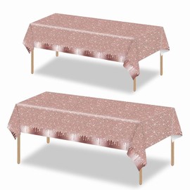 Aisszhao 2-Piece Plastic Tablecloth, 137 * 274 Rectangle Dinner Tablecloths for Girl's Party, Cute Rose Gold Table Covers for Kids/Adult Baby Shower & Birthday Party Table Decor