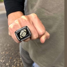 FANTASYJOCKS Fantasy Football Championship Ring The Game Ball Blackout Glass Stones Black Gold FFL Champion Trophy Award Prize Sports Winner Size 14