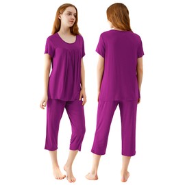 WiWi Bamboo Short Sleeve Lightweight Sleepwear Comfy Top with Capris Pants Pajamas Set Scoop Neck Pjs for Women S-XXL, Dark Reddish Purple, Medium