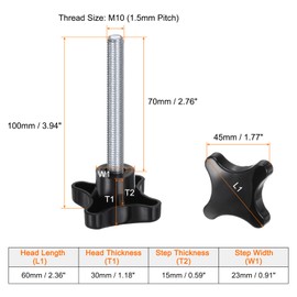QUARKZMAN Pack of 2 Knurled Screws with Cross Handle M10 x 70 mm Star Grip Screw Plastic Knob Galvanised Carbon Steel Thread Clamping Screw Star Grip Nut Clamping Knob for Machine