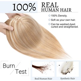SEGOHAIR Hair Toppers for Women Real Human Hair With Bangs 7 * 13 CM Silk Base Wiglet Top Hair Pieces Clip In Topper Hairpieces for Women With Thinning Hair 8 Inch Golden Brown&Bleach Blonde