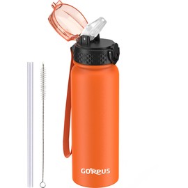 GOPPUS 600ml/20oz Stainless Steel Water Bottle with Straw Insulated Sports Bottle Cold Flask with Straw Double Walled Flip up Metal Water Bottles Leakproof Water Bottle for Gym Sports