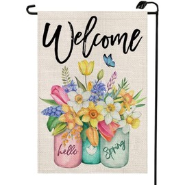 Welcome Spring Floral Mason Jar Garden Flag 12×18 Inch Double Sided Small Burlap Butterfly Flower Hello Spring Yard Decoration CJ22