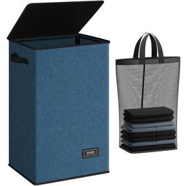 SOLEDI Laundry Hamper with Lid 90L Large & Tall Collapsible Laundry Basket, Clothes Hamper with Bag Removable Easy to Carry, Dirty Hampers for Bedroom, Bathroom, Dorm, College, Blue