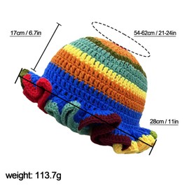 Hshsclth Boho Chic Knitted Hat for Women Handmade Crochet Color-Block/Contrast Color Ruffl Brim Bucket Hat (US, Alpha, One Size, Red top Contrasting)