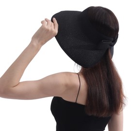 Wide Brim Straw Bowknot Black Sun Hats for Women Summer Beach Vacation Essential Foldable & Packable Gardening Hat with Ponytail Design Perfect for Travel.