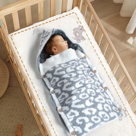 JOOJA Newborn Baby Wrap Sleeping Bag Feather Yarn Knit Baby Swaddle Blanket Stroller Blanket Grey Cheetah