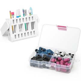 Ecagewill Nail Cutter Attachments, 8 Pieces Bits for Nail Cutter, 3/32 Inch Cutter Bit Set with 80 Pieces Sanding Caps for Nail Drill, for Home, Salon, Gel Nails, Manicure (White Nail Drill Holder)