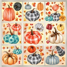 DTOFOOT 9 Sheets Fall Thanksgiving Window Clings, Thanksgiving Autumn Harvest Colorful Pumpkin Leaves for Home Party Supplies Shop Window Glass Display Decoration