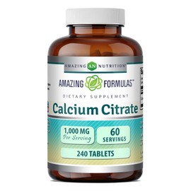 Amazing Formulas Suplemento dietético de citrato de calcio, 1000 mg por porción de 4 comprimidos, 240 tabletas por botella, calcio altamente biodisponible, apoya el metabolismo óseo y los dientes más fuertes