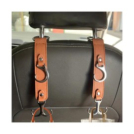 Norkmdi Car Seat Headrest Hook, 2PCS 3 in 1 Leather Vehicle Seat Back Hanger Holder for Grocery Purse Cloth Handbag, Automotive Backseat Storage Organizer, Universal for Truck SUV Sedan (Brown)