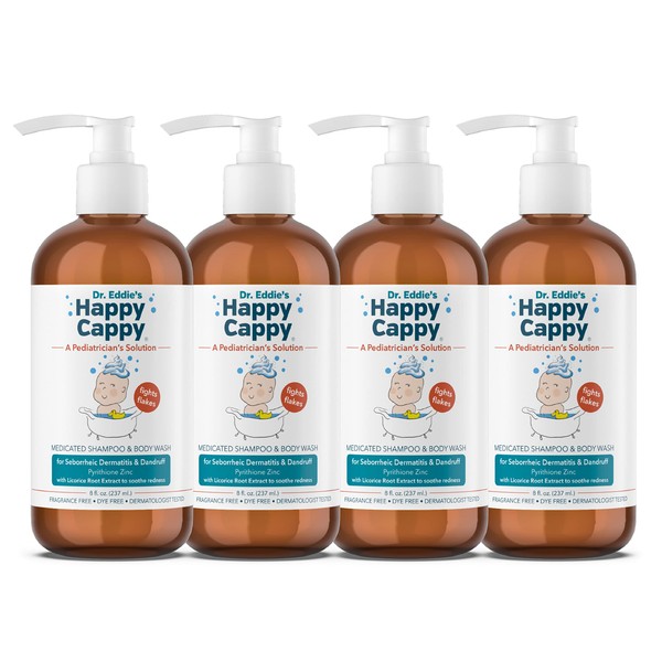Happy Cappy Medicated Shampoo for Children, Treats Dandruff & Seborrheic Dermatitis, Clinically Tested, No Fragrance, Stops Flakes & Redness on Sensitive Scalps and Skin, 8 Fl Oz (Pack of 4)