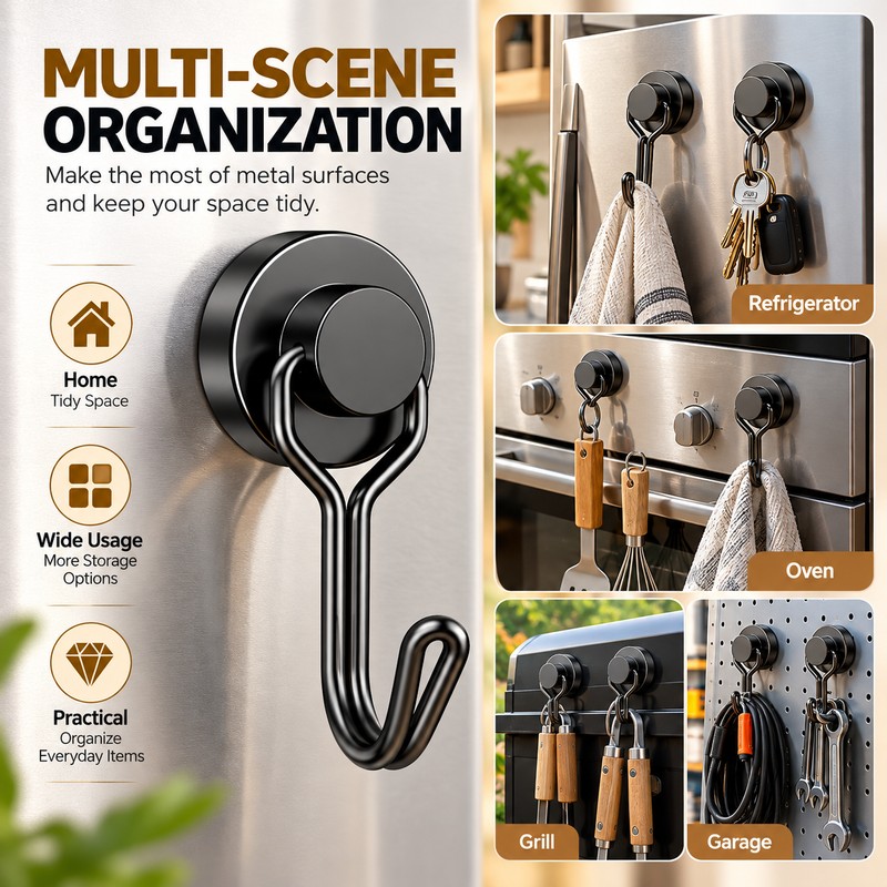 Magnetic Hooks 6-Pack for Home Organization – Swivel Swing Design