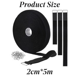 2cm x5m Hook and Loop Straps with 25 Metal Buckles,Cut-to-Length Reusable Cable Ties,Adjustable Fastening Cable Straps,Nylon Securing Cinch Strap,2cm Wide, Black