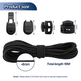 15M Black Elastic Cord,4mm Elastic String Bungee Cord Elastic Round Cord with 20 Pieces Zip Pull Cord Lock Cord, 20 Pieces Double Hole Spring for Sewing,Backpack,Shoelaces,DIY Projects (4mm*15M)