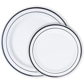 Disposable Plastic Plates - 60 Pack - 30 x 10.25" Dinner and 30 x 7.5" Salad Combo - Silver Trim Real China Design - Premium Heavy Duty - By Aya's Cutlery Kingdom
